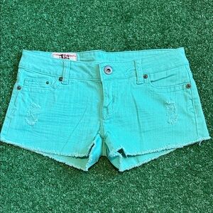 1st Kiss Y2K Vibes Vibrant Teal Blue Aqua Green Distressed Jean Shorts